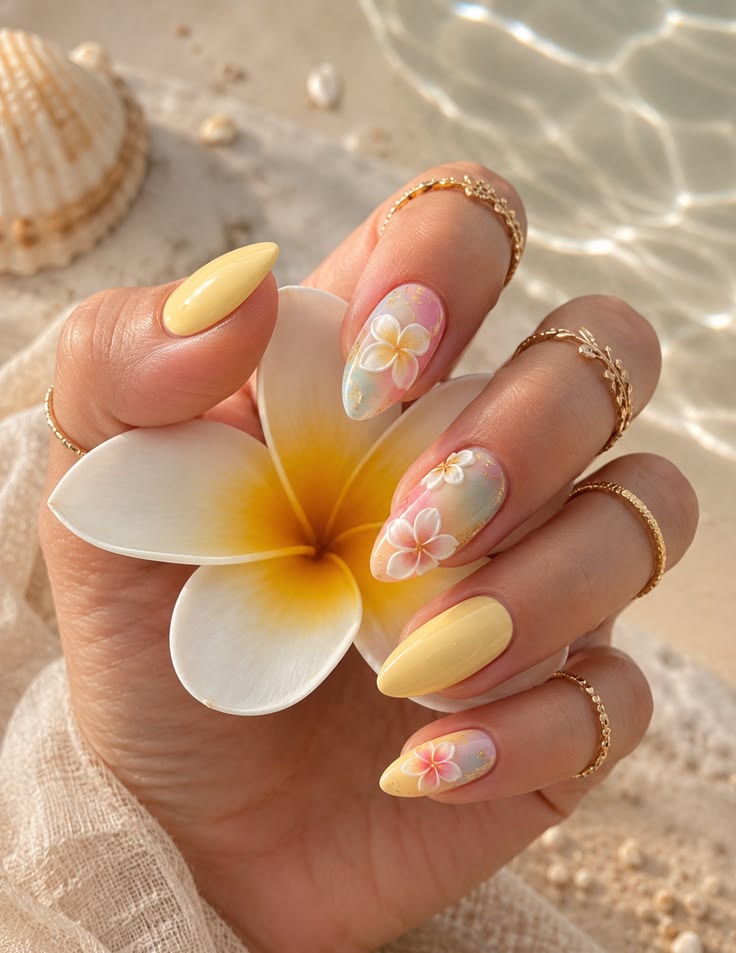 Yellow tropical flower nail art