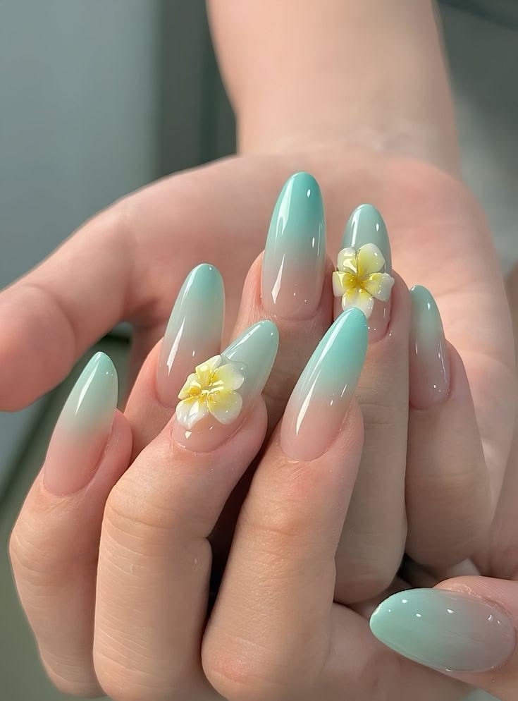 Mint ombre nails with dimensional flowers